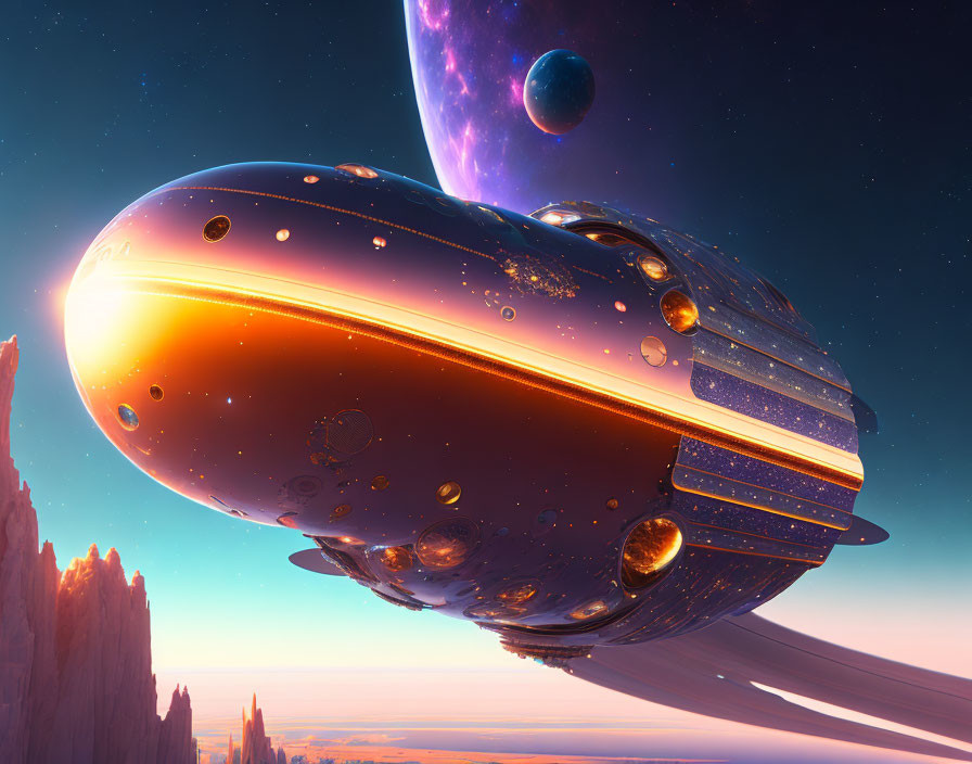 Sleek futuristic spaceship flying over alien landscape with large planet and colorful sky