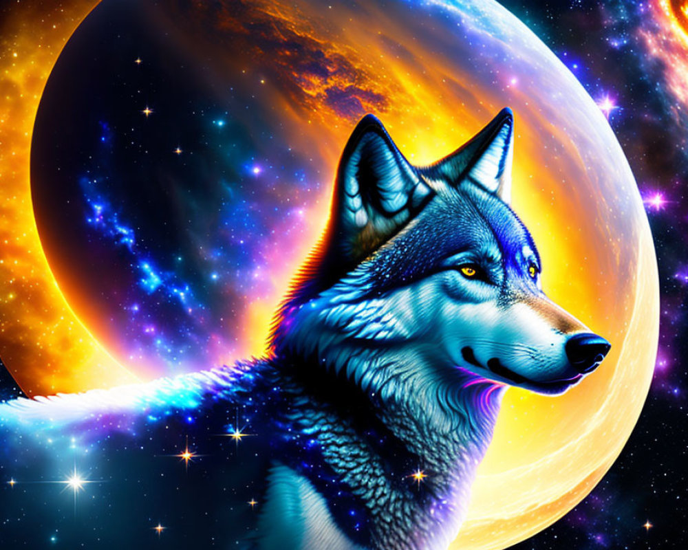 Colorful Wolf Profile Artwork with Cosmic Background