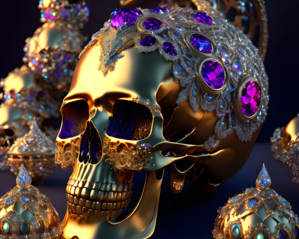 Golden skull with purple gemstones and orbs on dark blue background