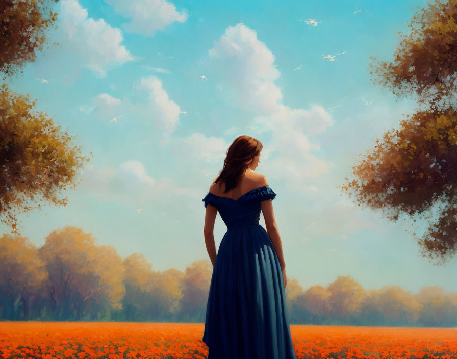 Woman in Blue Dress Surrounded by Orange Flowers and Birds in Autumn Setting