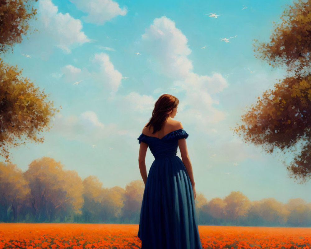 Woman in Blue Dress Surrounded by Orange Flowers and Birds in Autumn Setting