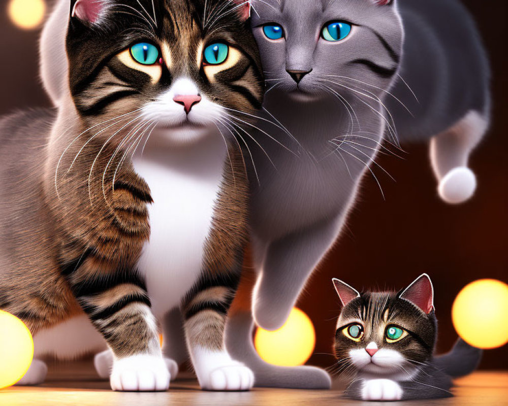 Realistic anthropomorphic cartoon cats with vibrant blue eyes and warm lights