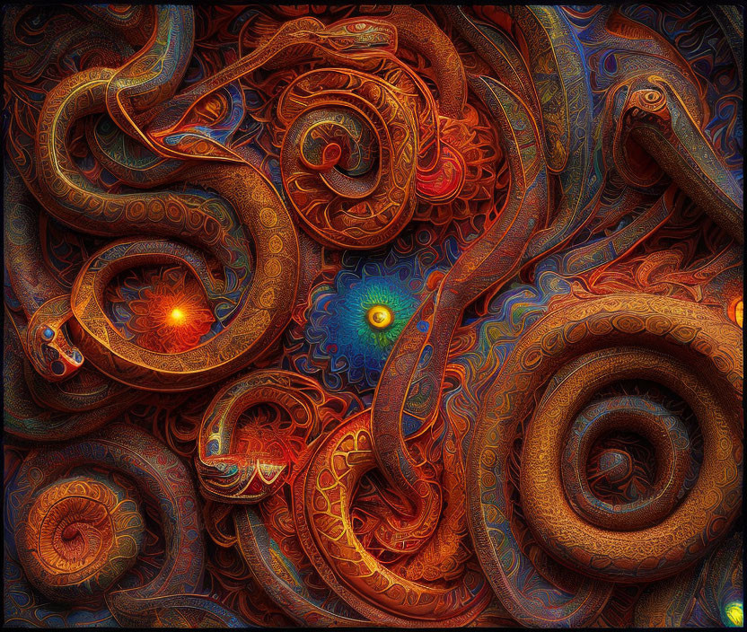 Abstract digital artwork with swirling patterns and glowing orbs in warm colors