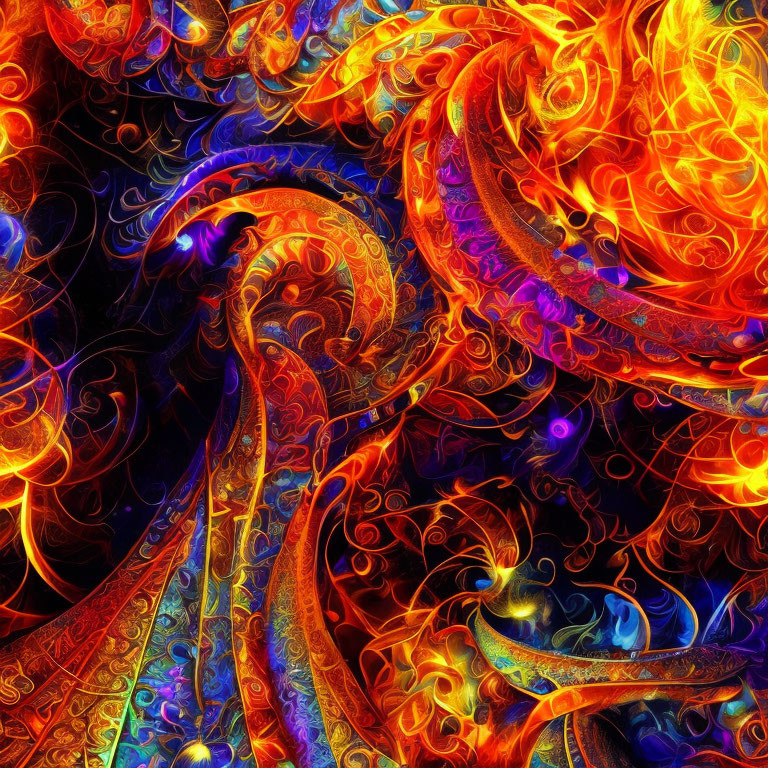 Colorful Fractal Image with Swirling Flame and Floral Patterns