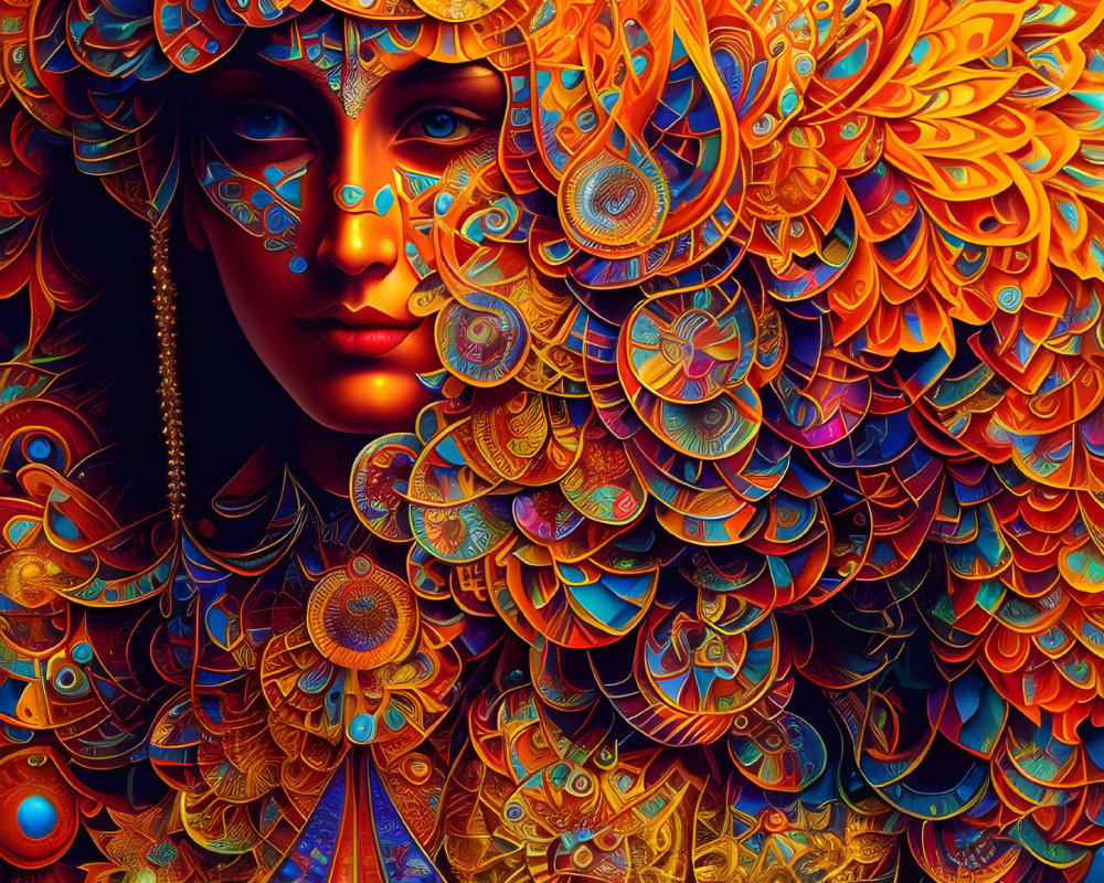 Colorful digital artwork of woman with intricate orange and blue headpiece and makeup, emitting mystical bohem