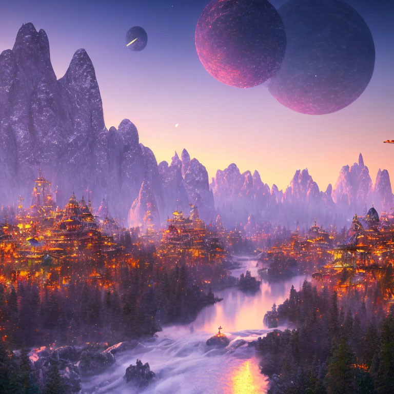 Vibrant towns, towering mountains, river, celestial bodies in twilight sky