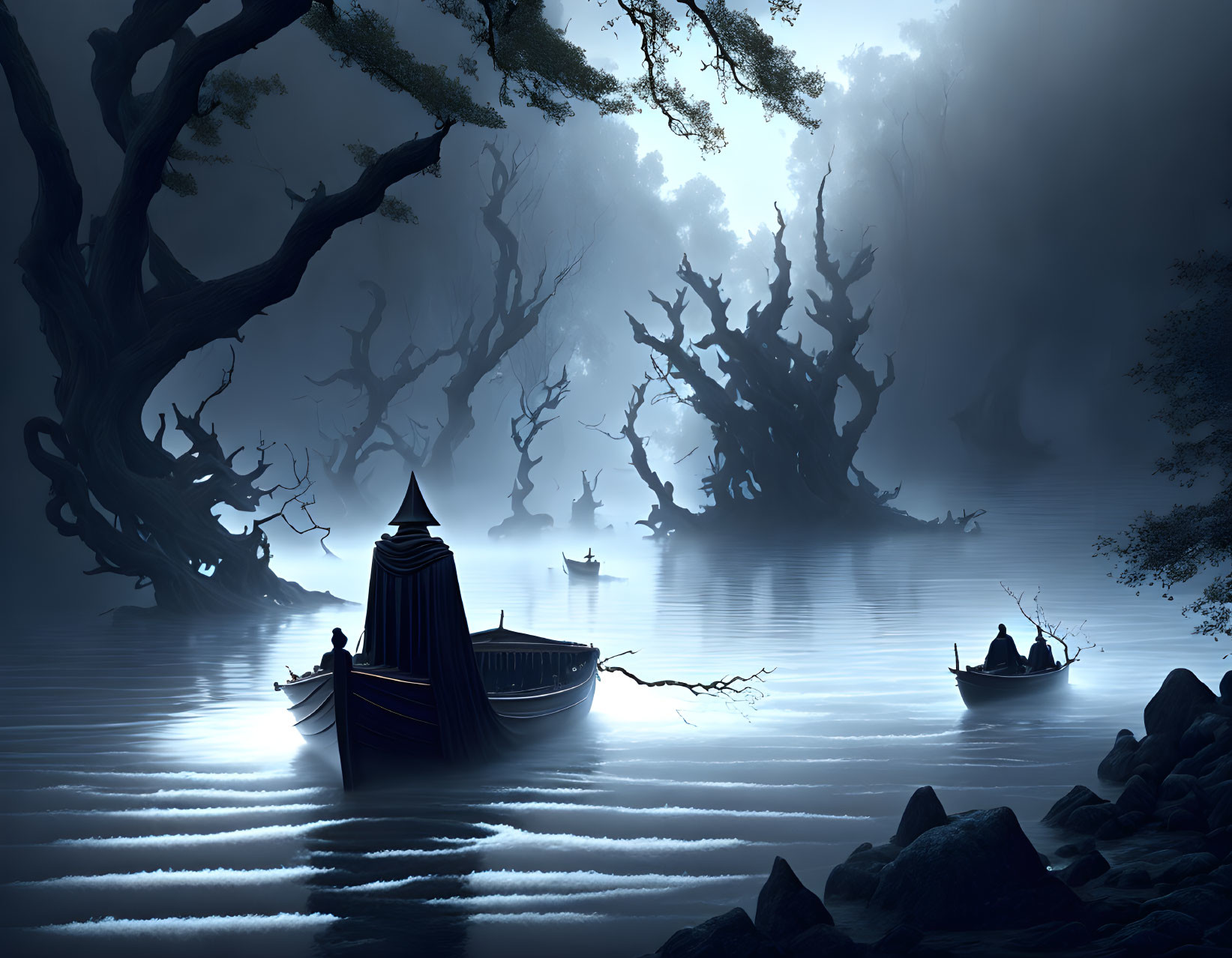 Mystical blue-toned forest with silhouetted figures on boats and ethereal trees in