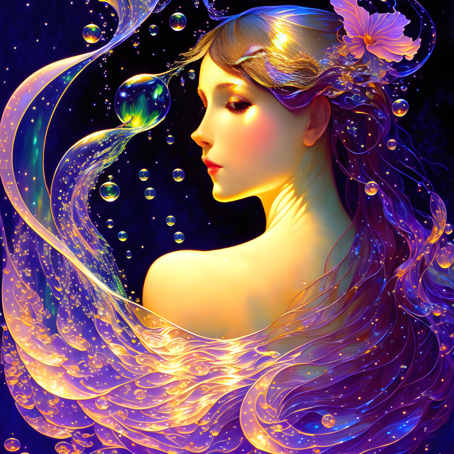 Fantastical portrait of woman with flowing hair, light, bubbles, and flower on cosmic background