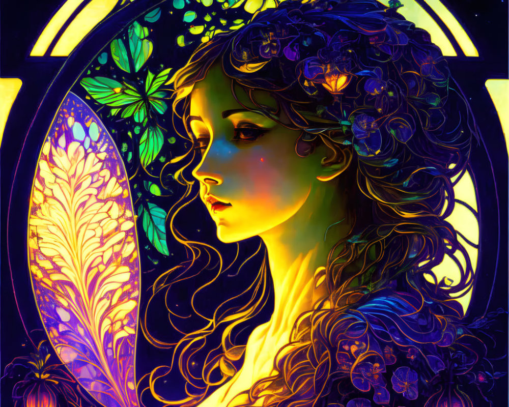 Colorful digital artwork of a woman with flowing hair in stained-glass style frame