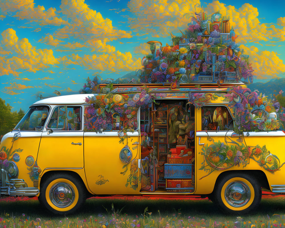 Colorful Vintage Van Overflowing with Flowers Under Blue Sky