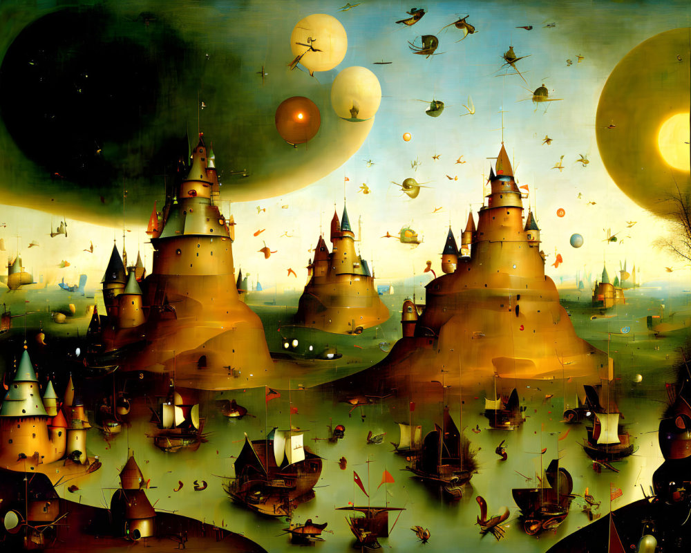 Whimsical surreal landscape with castles, floating bodies, and flying fish