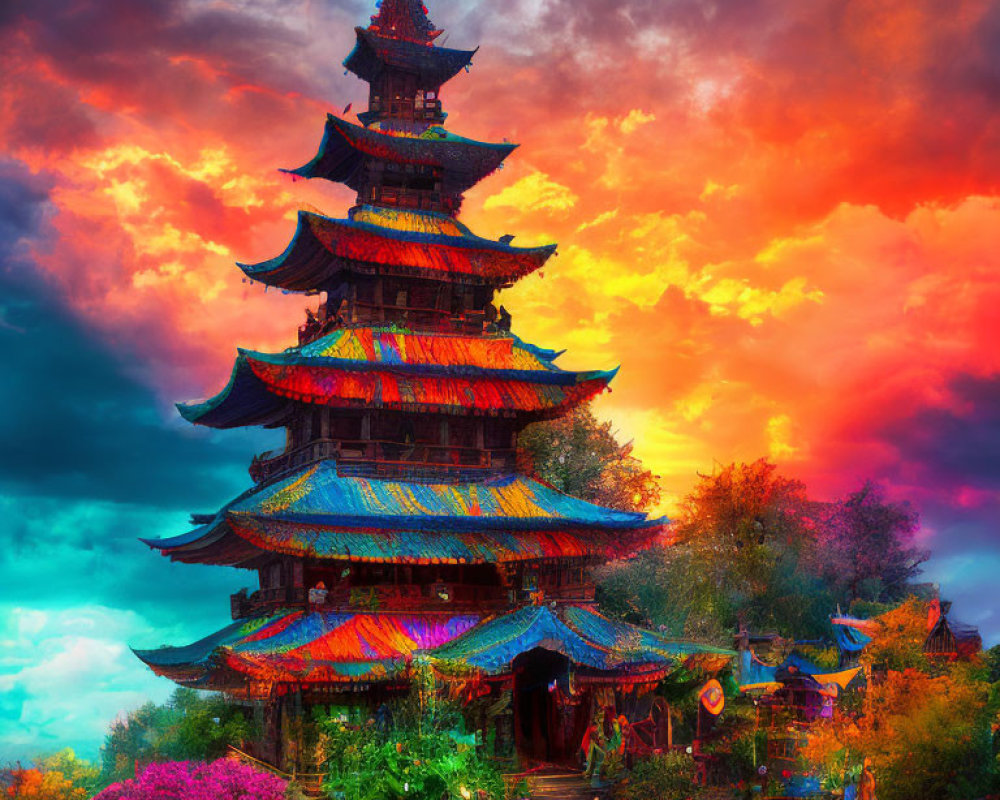 Traditional multi-tiered pagoda under fiery sunset sky with lush foliage