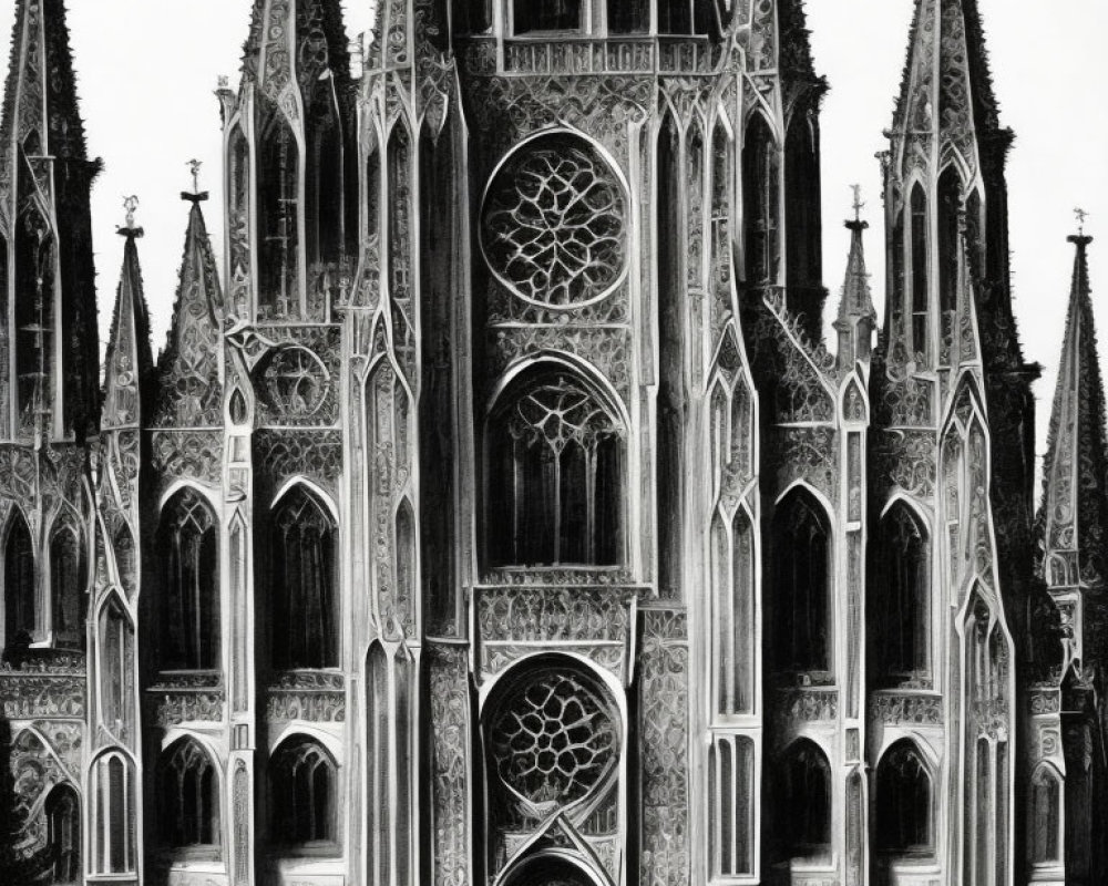 Monochrome illustration of Gothic architecture with pointed arches and spires