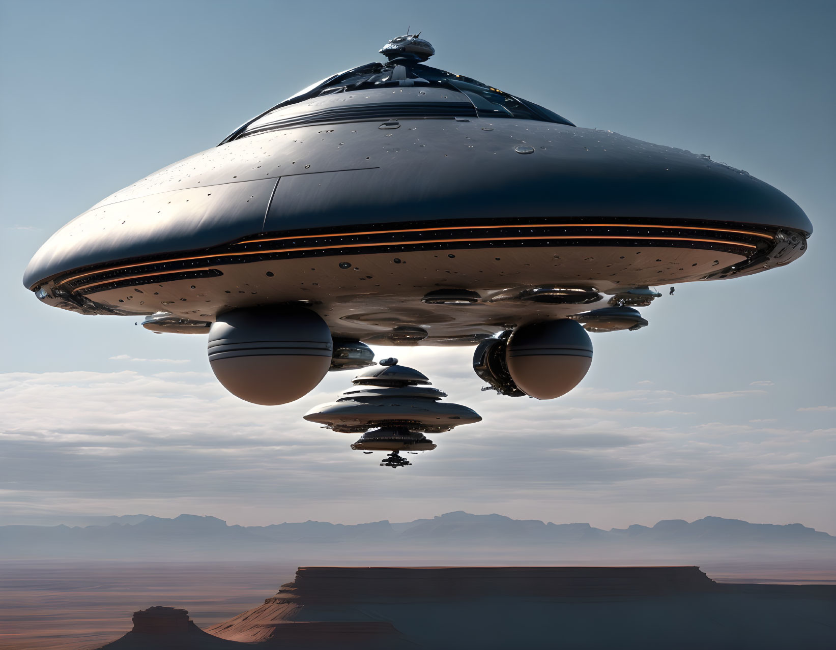 Detailed UFO hovering over desert landscape with mountains - clear sky view