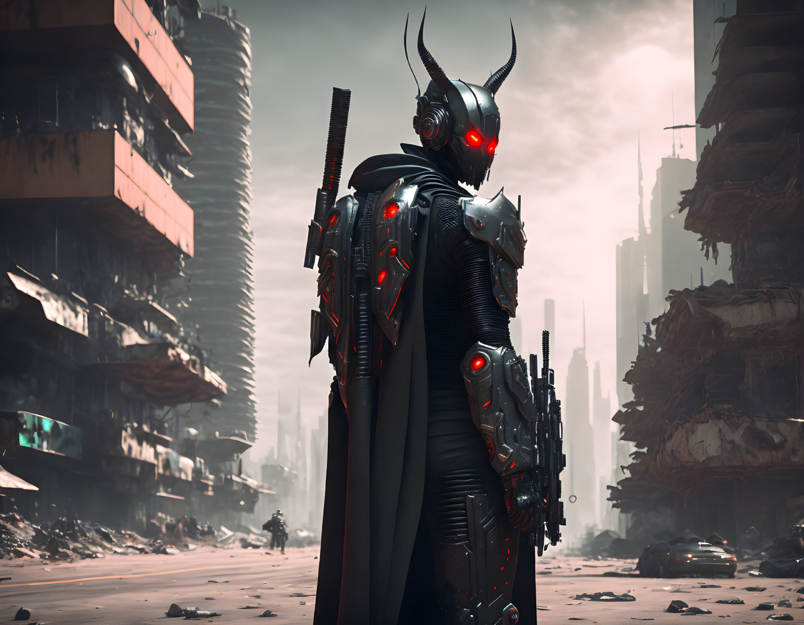 Futuristic warrior in black armor in dystopian cityscape