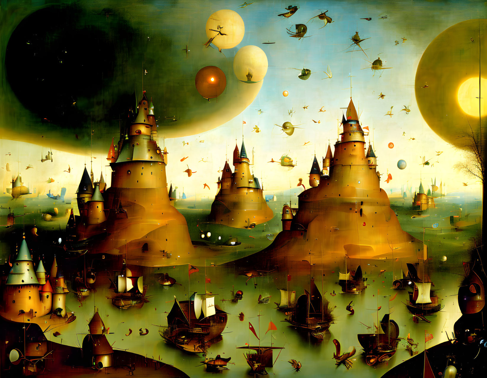 Whimsical surreal landscape with castles, floating bodies, and flying fish