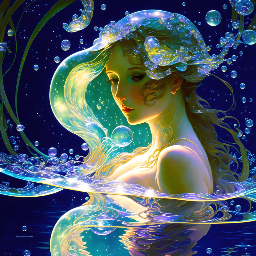 Ethereal female figure with flowing hair in mystical underwater scene