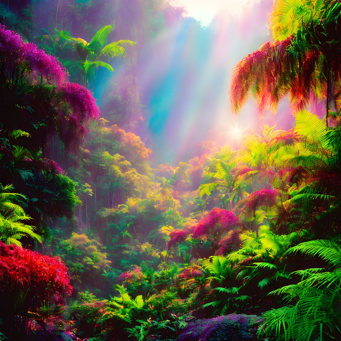 Lush Rainforest with Colorful Foliage and Sun Rays