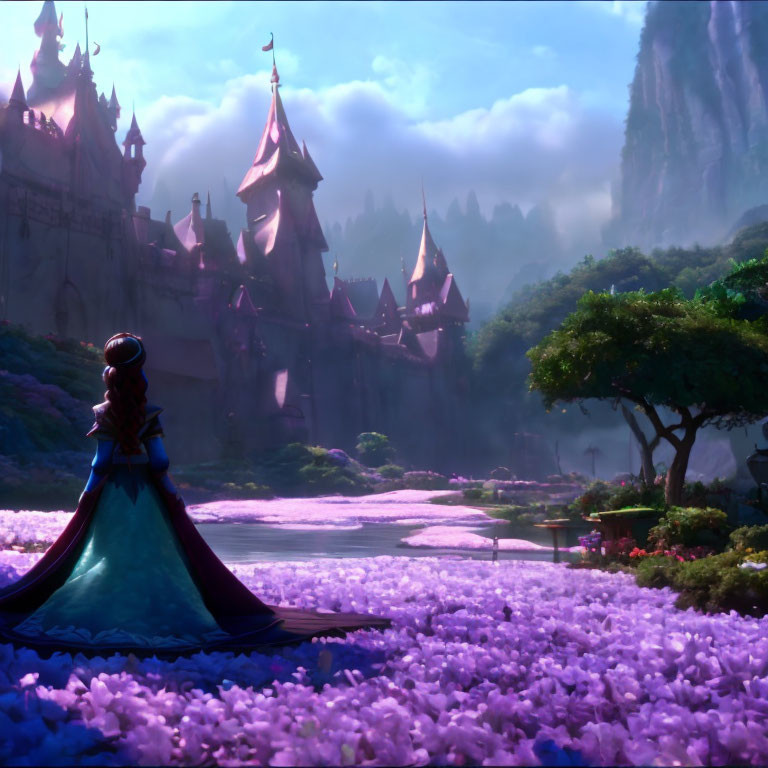 Cloaked Figure in Purple Flower Landscape with Castle and Hazy Sky