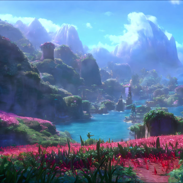 Colorful flowers, lush greenery, river, mountains - vibrant fantasy landscape