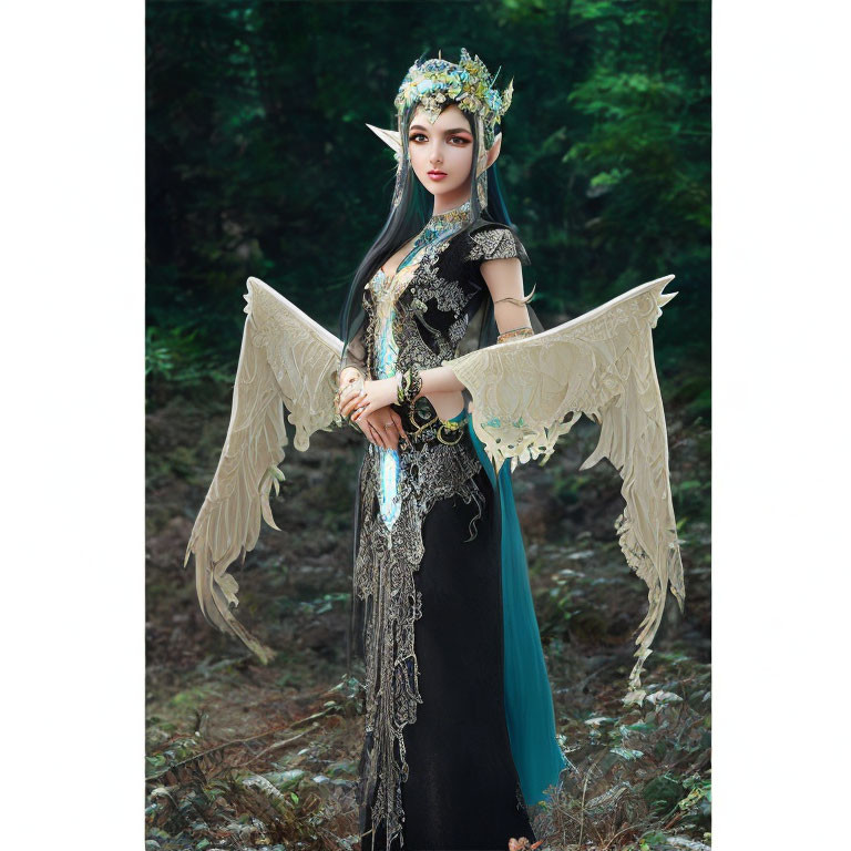 Ethereal woman in fantasy costume with wings in mystical forest setting