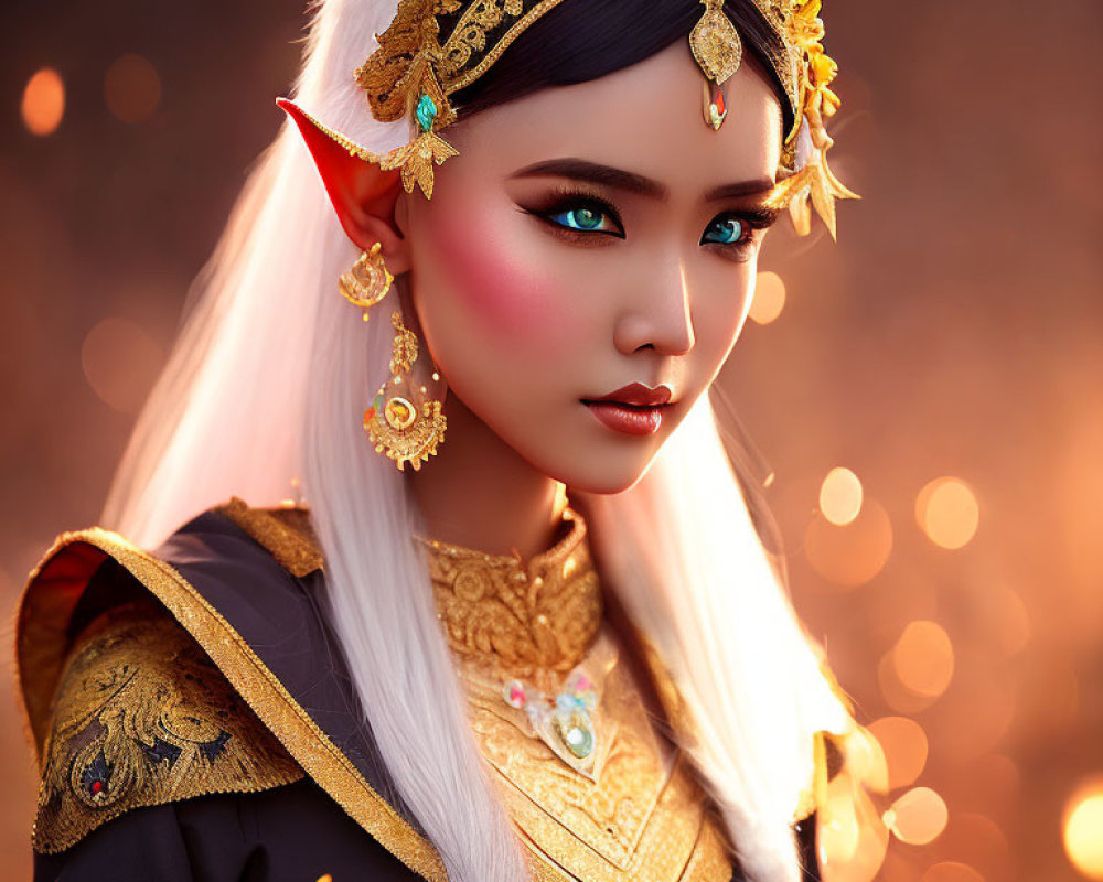 Fantasy-inspired portrait of female character with pointed ears and ornate gold headpiece