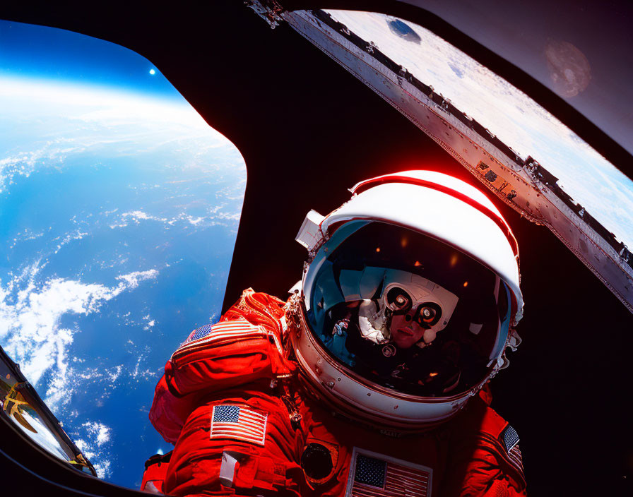 Astronaut in red and white spacesuit spacewalking with Earth's curvature visible