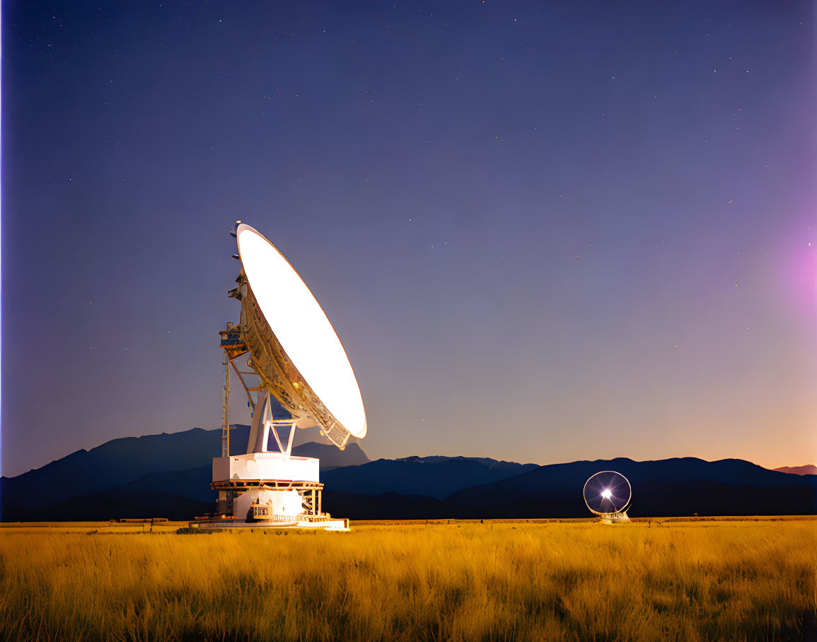 Radio Telescope Dish Against Twilight Sky with Mountains and Stars