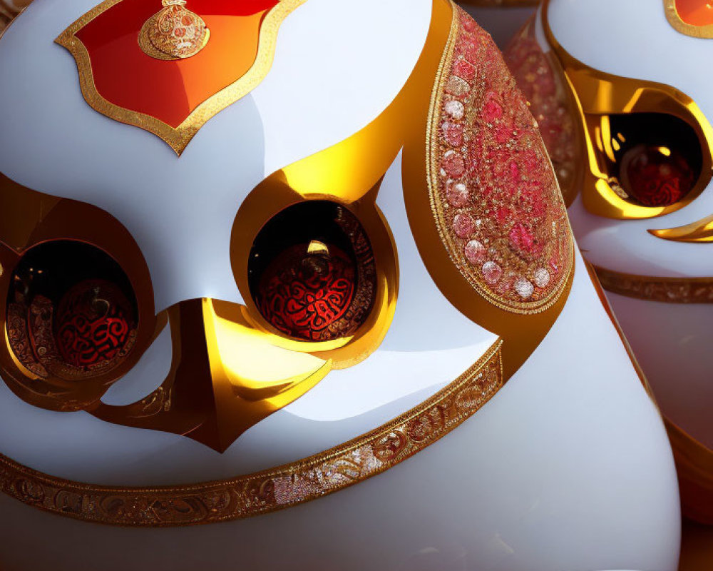 Elaborate White and Gold Masks with Red and Gold Patterns and Jewels