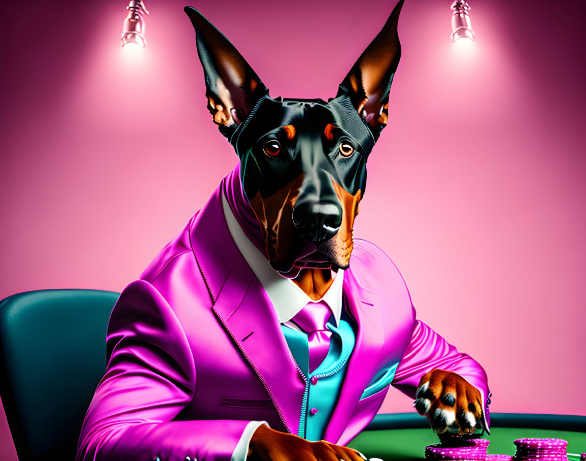 Stylized Doberman in Pink Suit Playing Poker with Chips