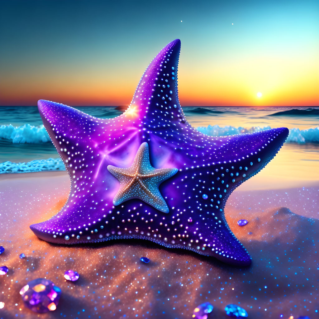Colorful starfish illustration on sandy beach with cosmic pattern and sunset backdrop