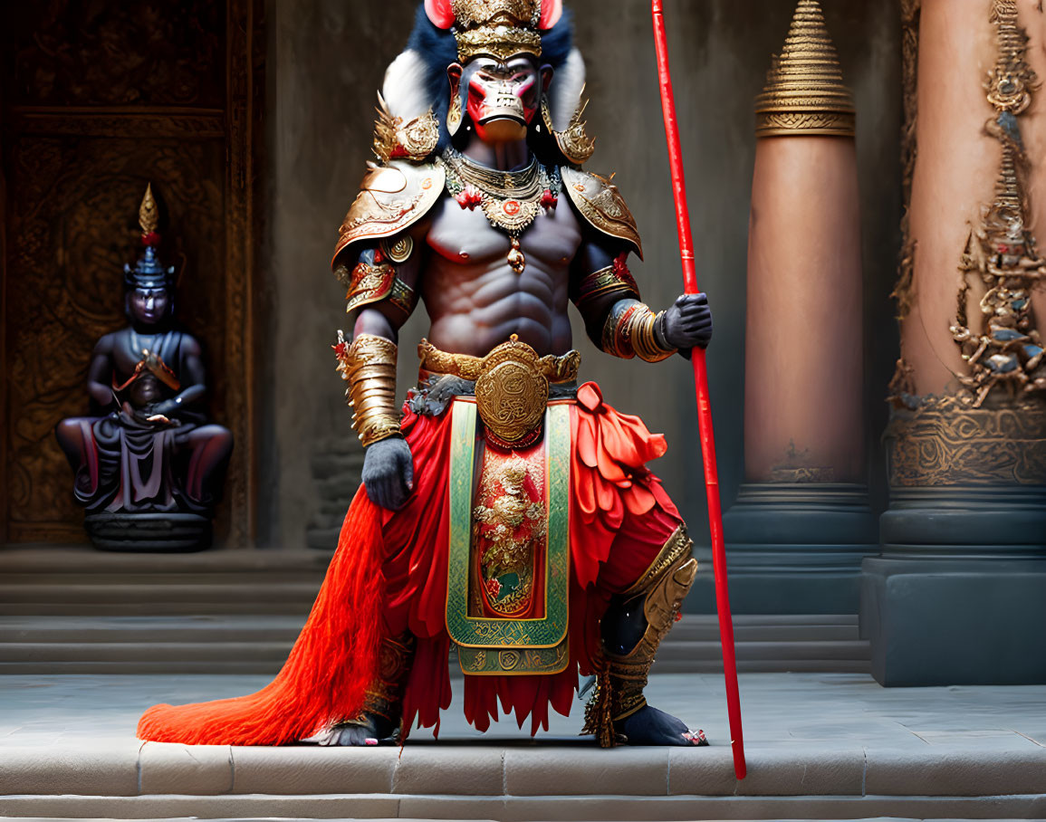 Monkey-like faced figure in warrior attire with red staff in ornate hall.