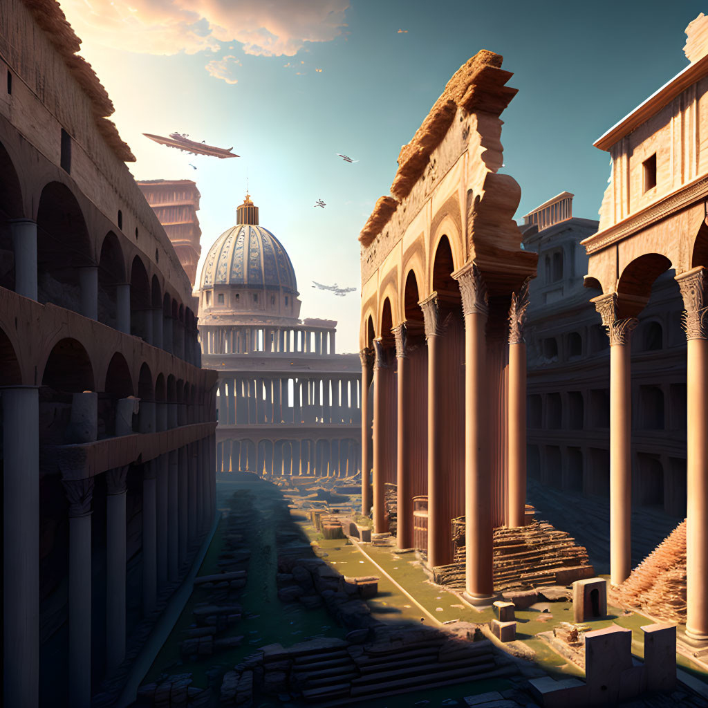 Digital artwork of futuristic ruin-like Roman architecture under clear sky