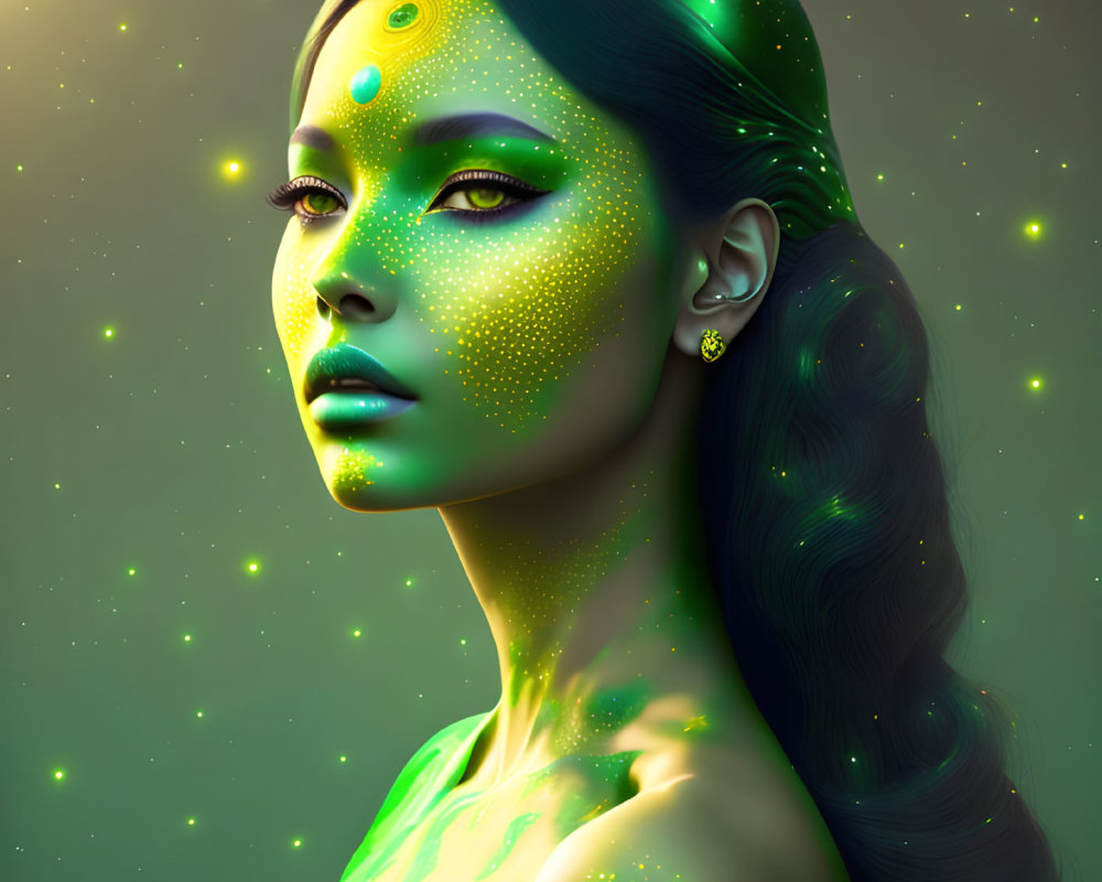 Woman with Glowing Green Skin and Third Eye Digital Art