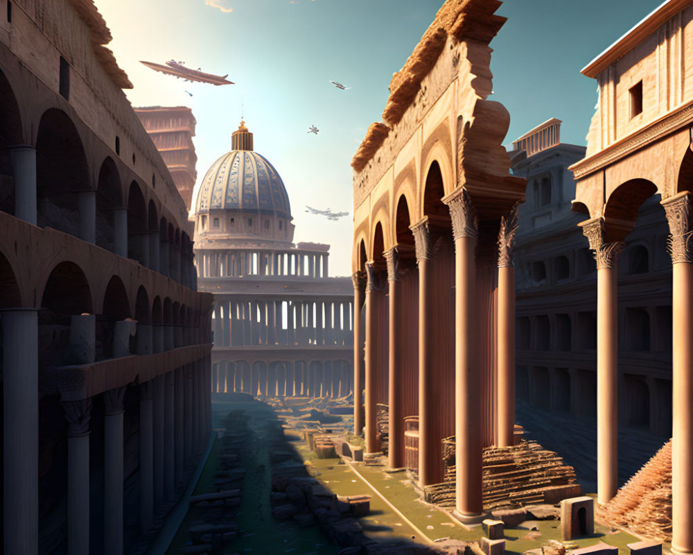 Digital artwork of futuristic ruin-like Roman architecture under clear sky
