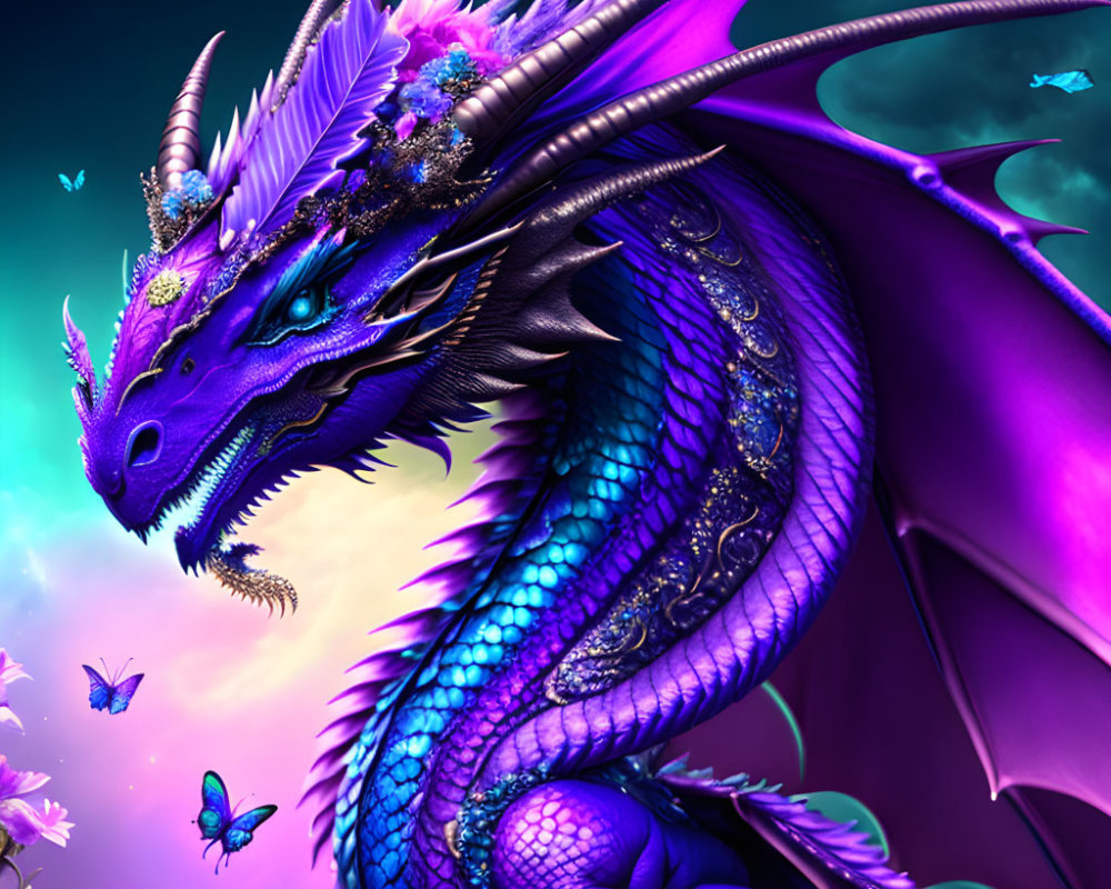 Blue-Purple Dragon with Butterflies in Twilight Sky