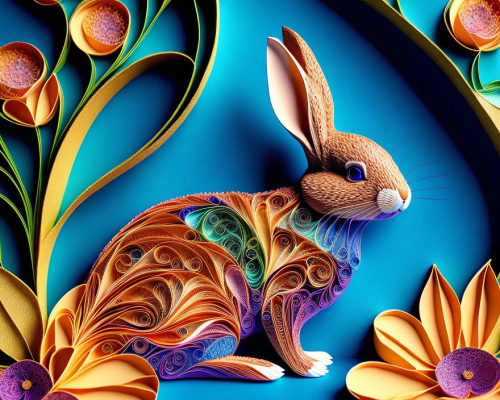 Colorful digital artwork of a stylized rabbit with intricate quilling patterns on vibrant blue background.