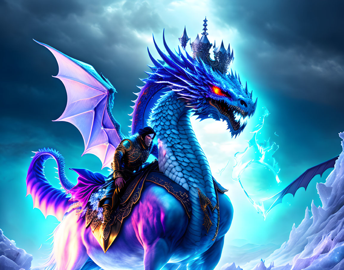Blue dragon with glowing eyes and scales carries rider in stormy mountain scene