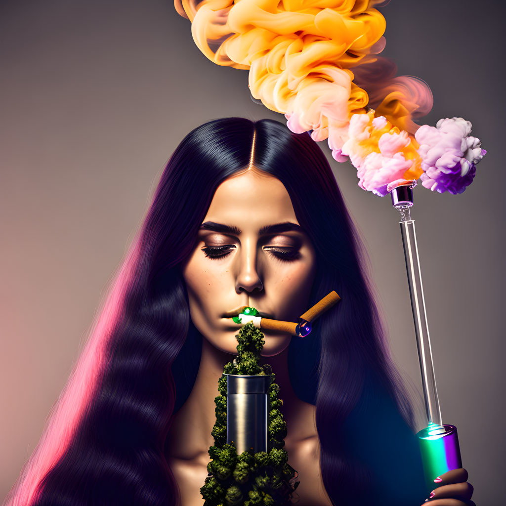 Multicolored hair woman exhales fiery smoke clouds.