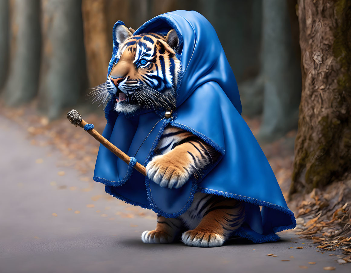 Tiger in forest with blue cloak and staff