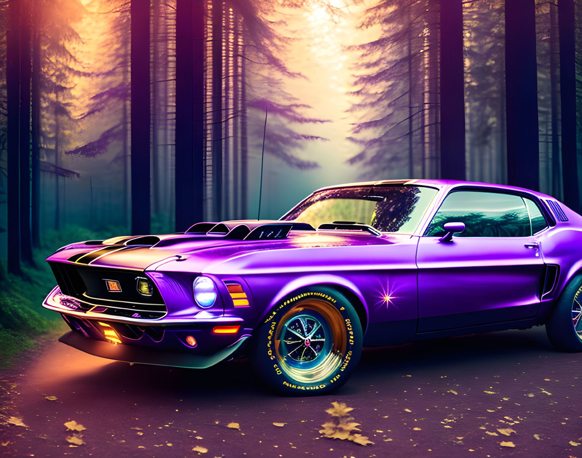 Purple Classic Mustang Parked on Forest Road at Dusk