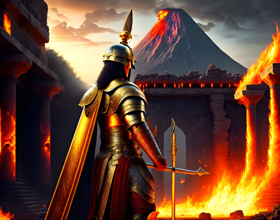 Knight in ornate armor near volcanic eruption and ancient ruins under dramatic sky