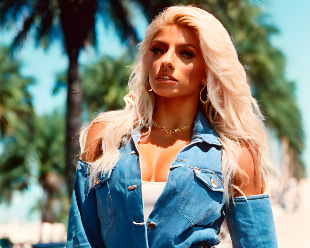 Blonde woman in denim jacket and black top under sunny sky with palm trees