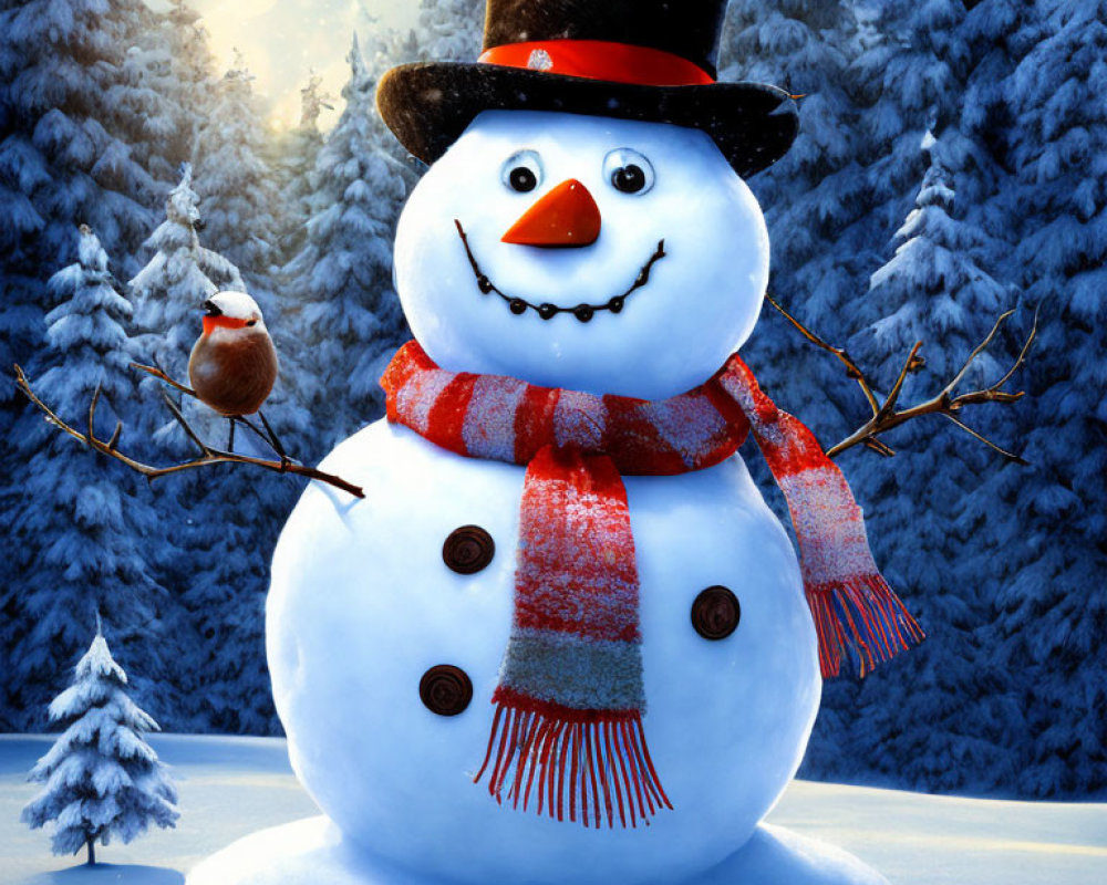 Snowman with top hat, red scarf, carrot nose, and twig arms in snowy forest with robin