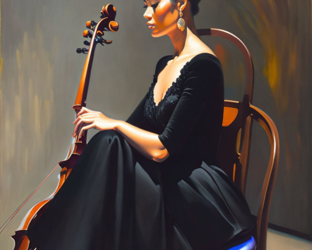 Elegant woman in black dress with cello and classic hairstyle