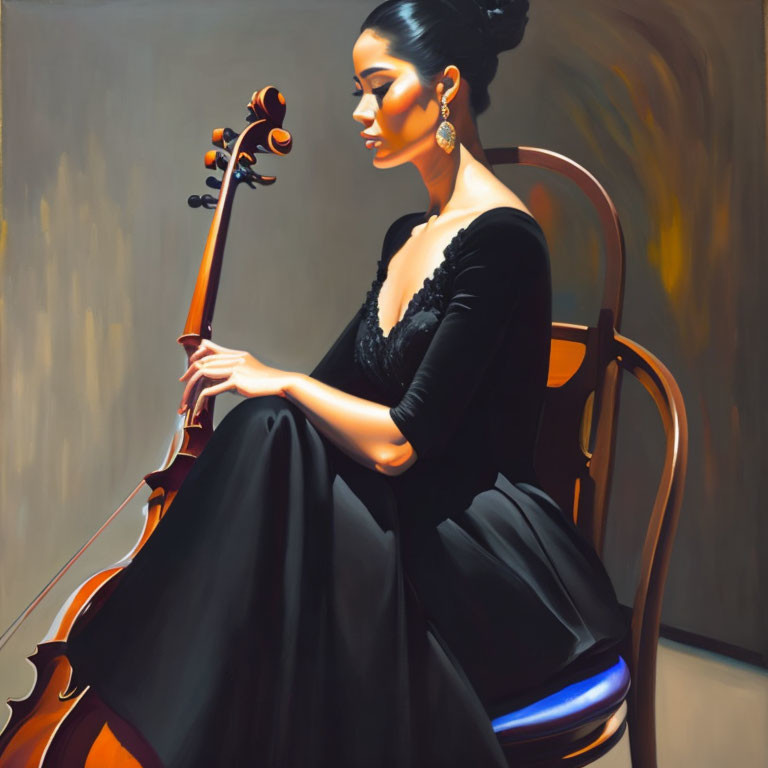 Elegant woman in black dress with cello and classic hairstyle