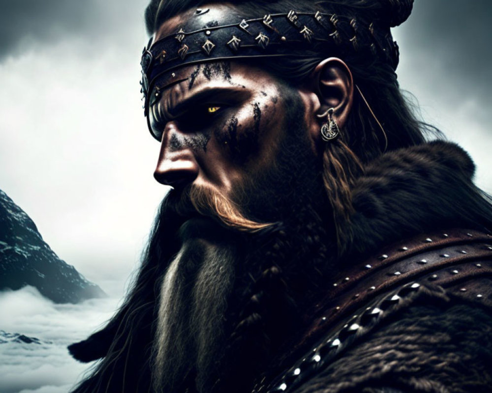 Warrior with headband, tribal face paint, fur cloak, mountainous backdrop
