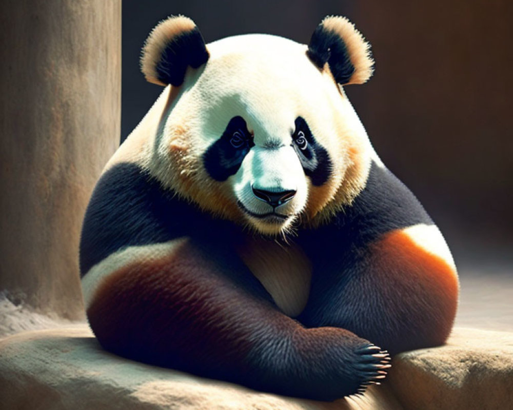 Peaceful giant panda sitting with crossed legs in soft light