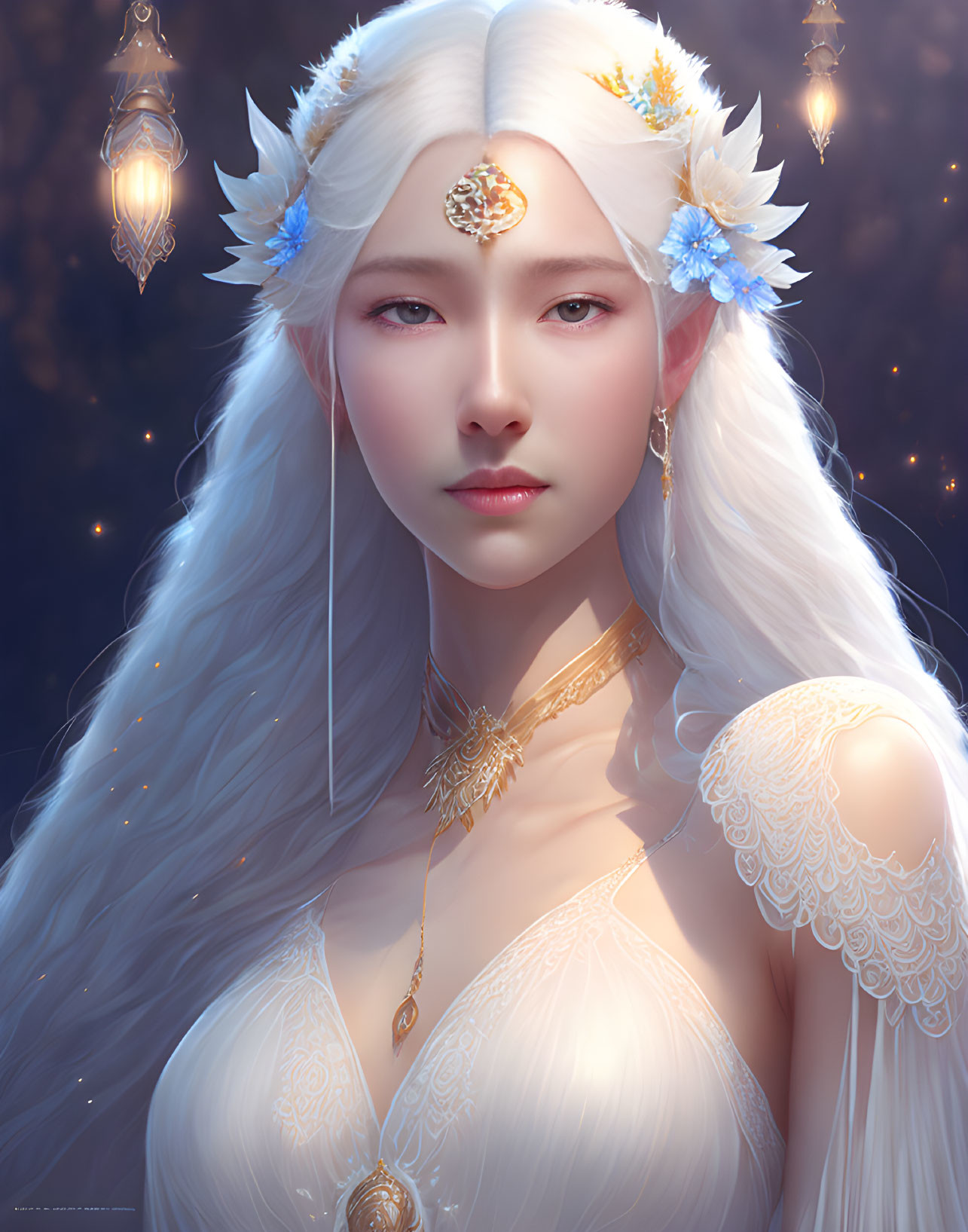 Ethereal woman with white hair and elfin ears, adorned with blue flowers and intricate gold jewelry