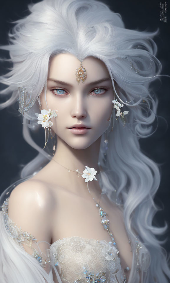 Fantasy character digital art: white hair, blue eyes, floral jewelry